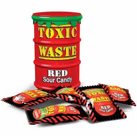 Bonbons acidulés rouges Toxic Waste, fût de 42 g
