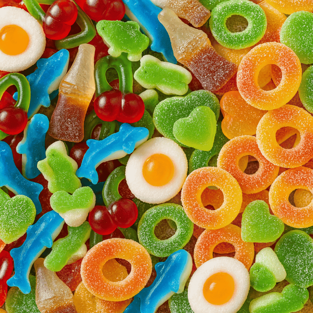 Mix van kleurrijk schepsnoep met kikkertjes, colaflesjes, kersjes en zure ringen van ThiesCandyz